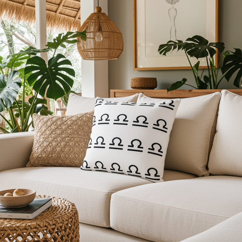 Living room with a beige sofa, libra patterned pillow, and decorative elements.