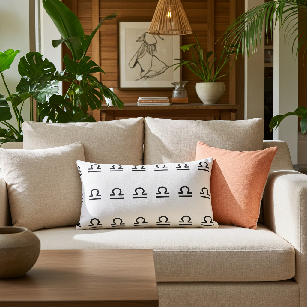 Beige sofa with a decorative libra pillow in a living room setting