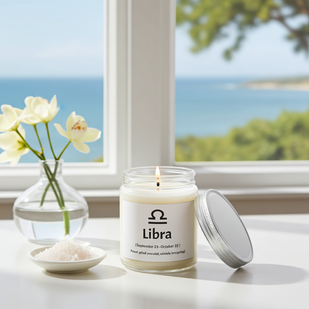 A Libra-themed jar candle with a white label and silver lid sits on a windowsill with a sea-view window behind it, alongside a glass vase with white flowers and a small dish of salt.