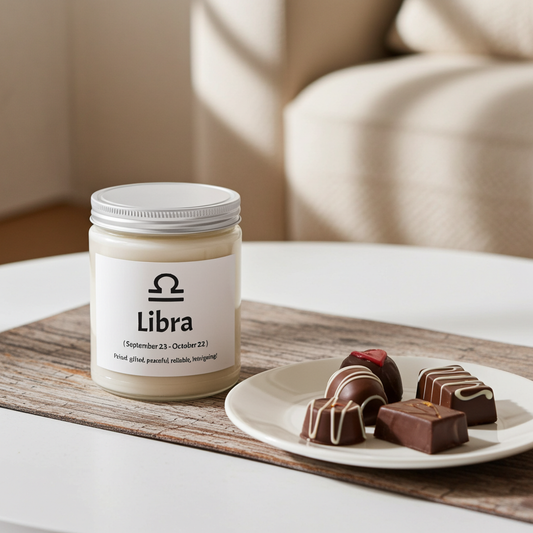 Candle labeled 'Libra' with a plate of chocolates on a wooden tray