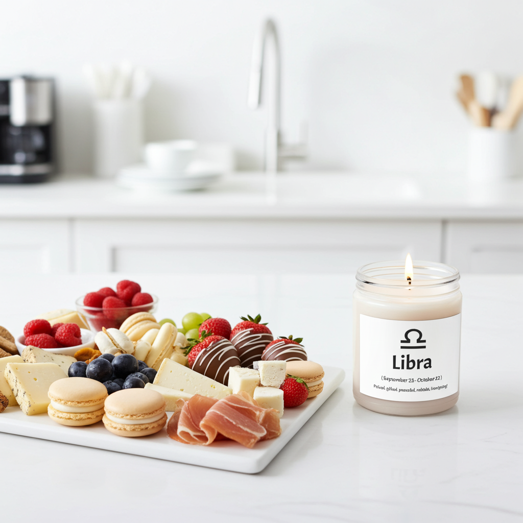 Candle labeled 'Libra' on a kitchen counter with a charcuterie board.
