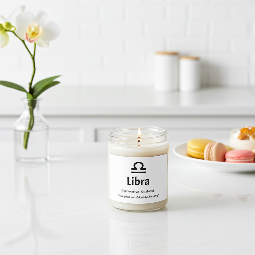 Candle labeled 'Libra' with a vase of flowers and macarons in the background