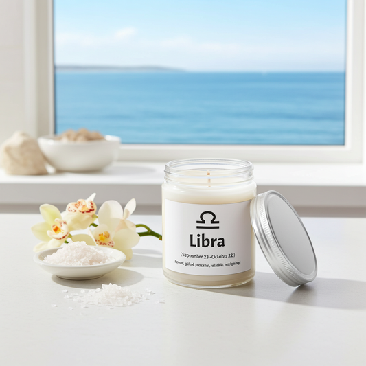 Candle labeled 'Libra' with a coastal background featuring a window and sea view.