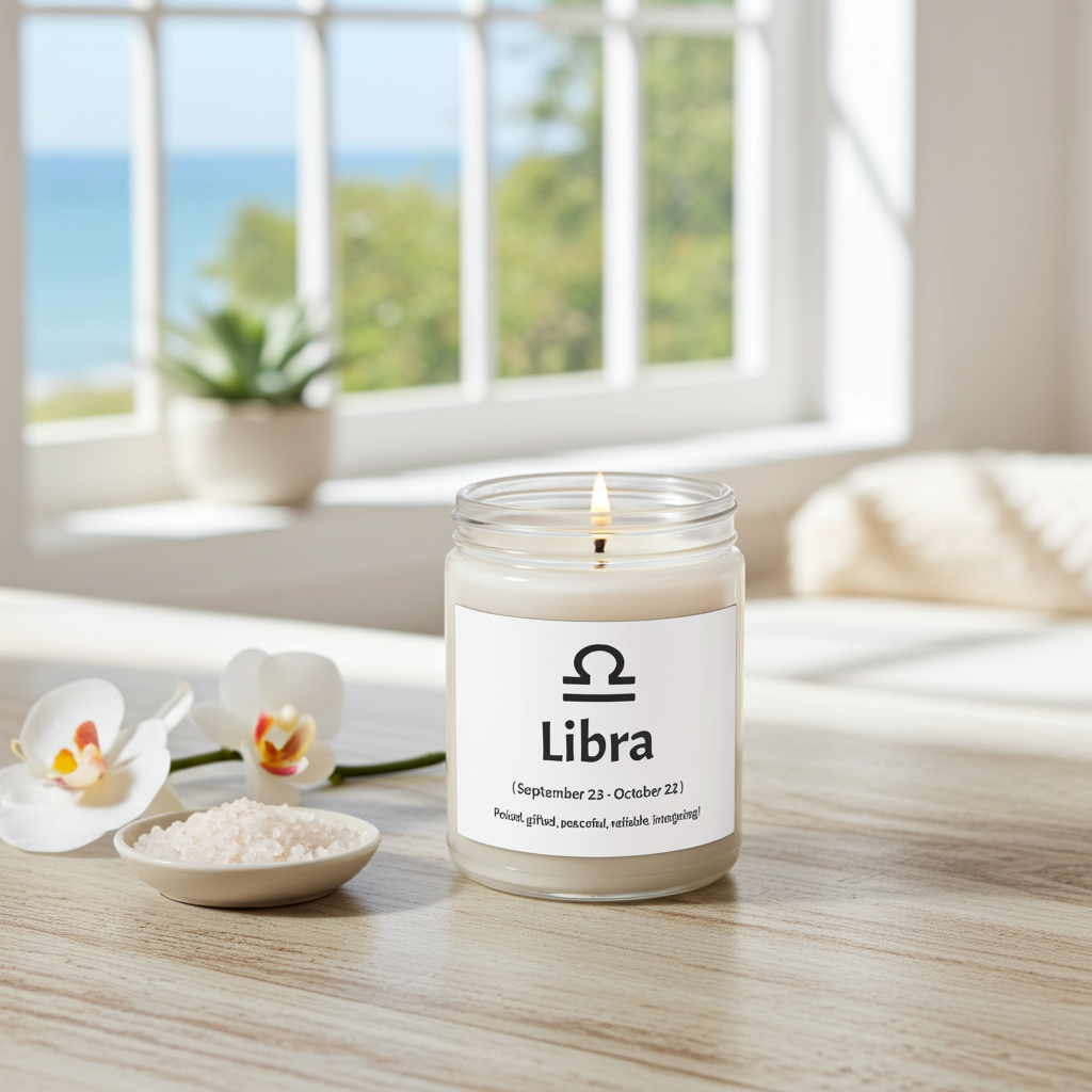 Candle labeled 'Libra' on a table with a window view of greenery