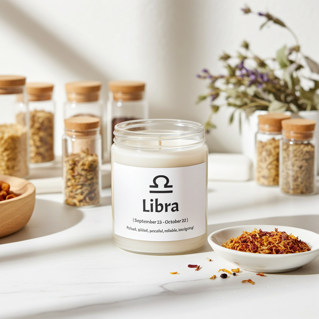 Candle labeled 'Libra' on a table with jars and bowls in the background