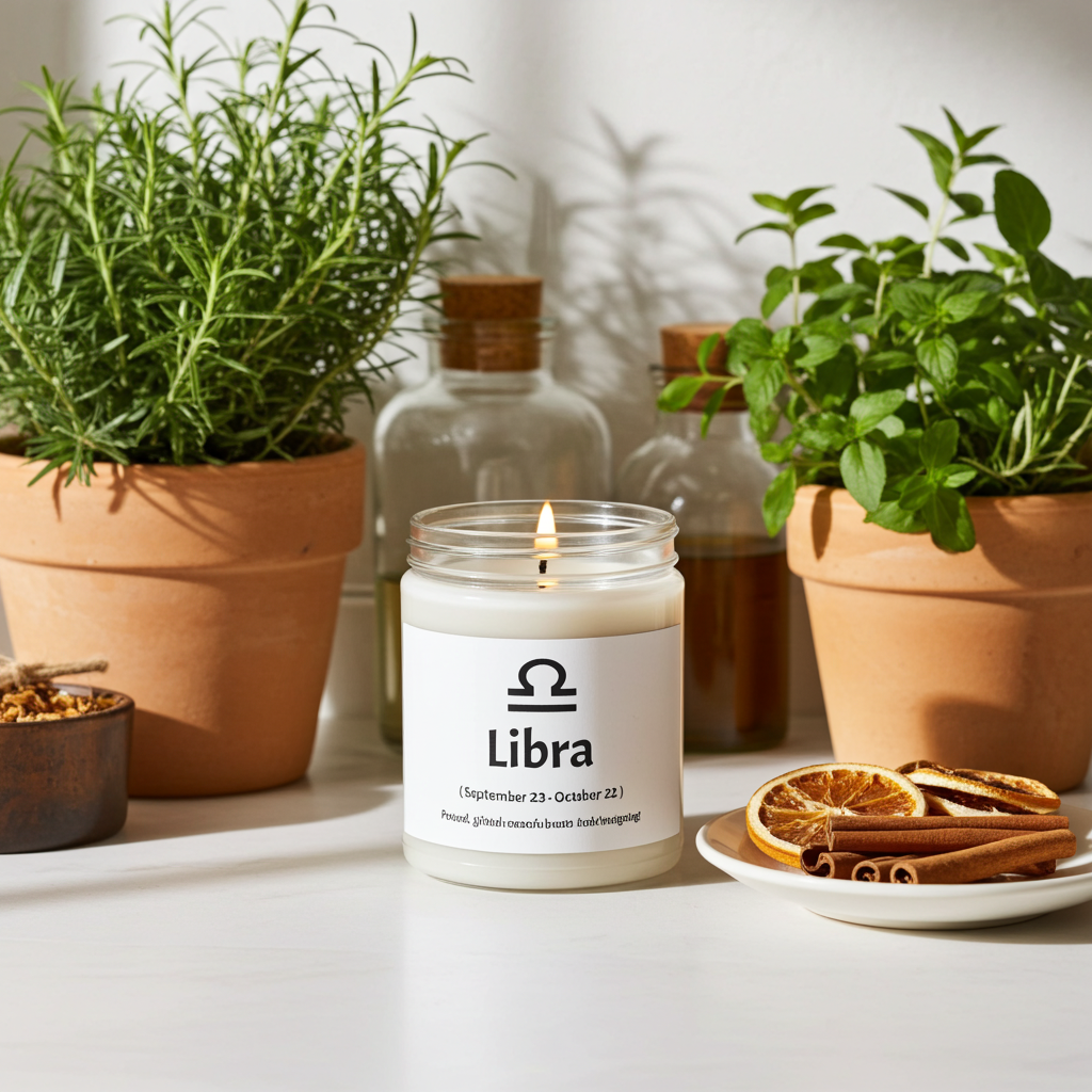 Candle labeled 'Libra' with plants and spices on a table