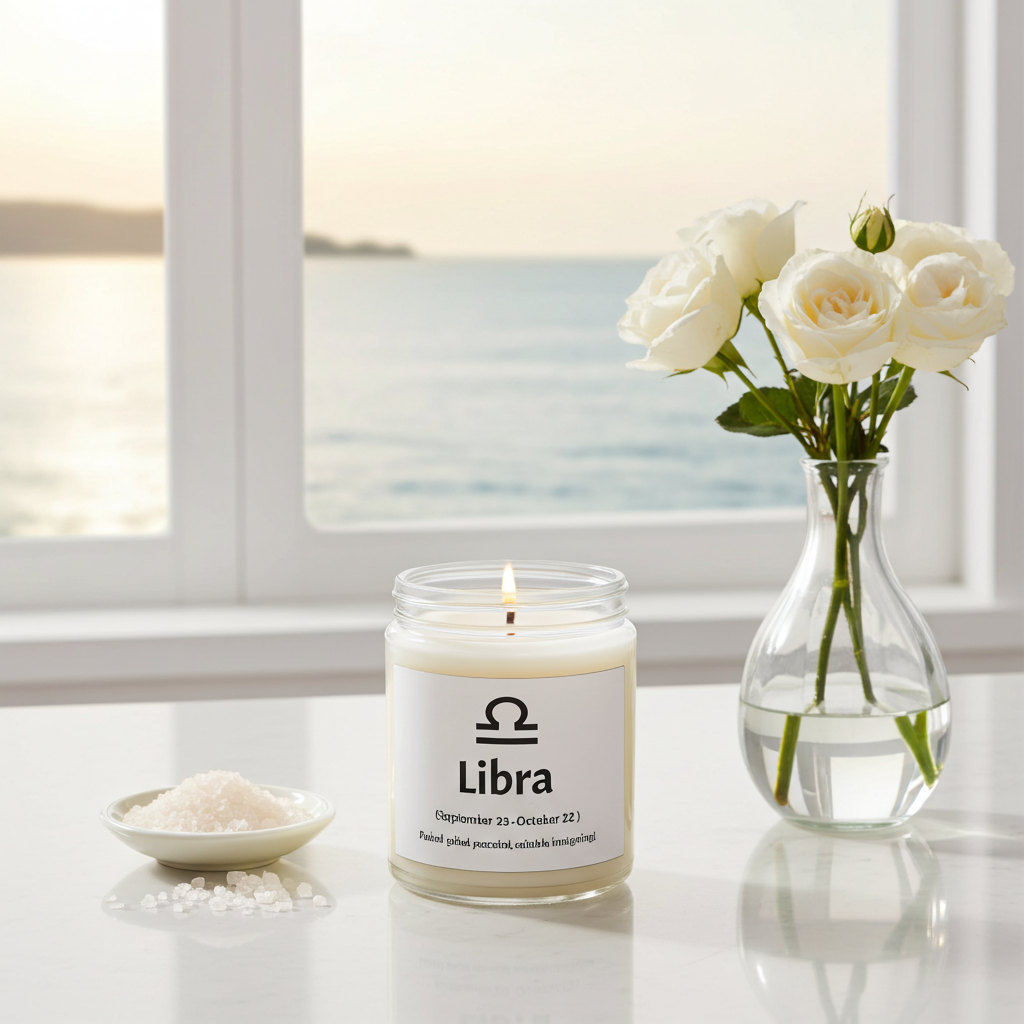 A lit Libra scented candle in a clear glass jar sits on a white surface beside a small dish of bath salts and a glass vase with white roses, set in front of a window overlooking the sea.