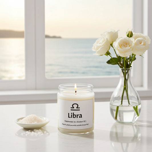 A lit Libra scented candle in a clear glass jar sits on a white surface beside a small dish of bath salts and a glass vase with white roses, set in front of a window overlooking the sea.