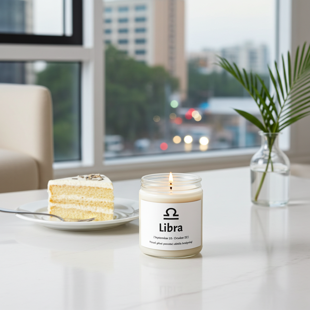 A lit candle in a clear glass jar sits on a white table in a bright room, with a slice of cake on a plate and a small plant in a glass vase nearby. The candle label reads 'Libra'.