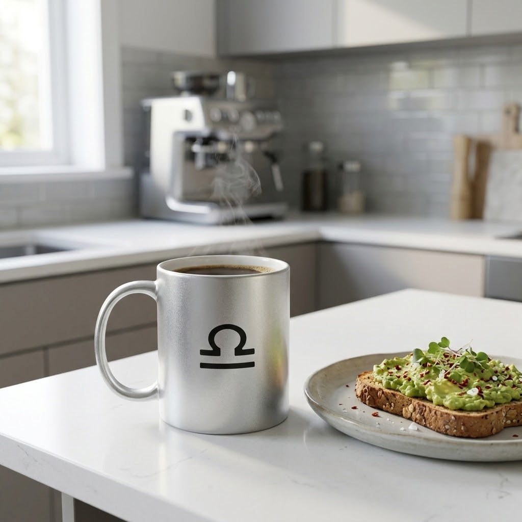 A silver ceramic coffee mug with a black Libra zodiac symbol printed on the side, filled with coffee and sitting on a white kitchen counter next to a plate of avocado toast.