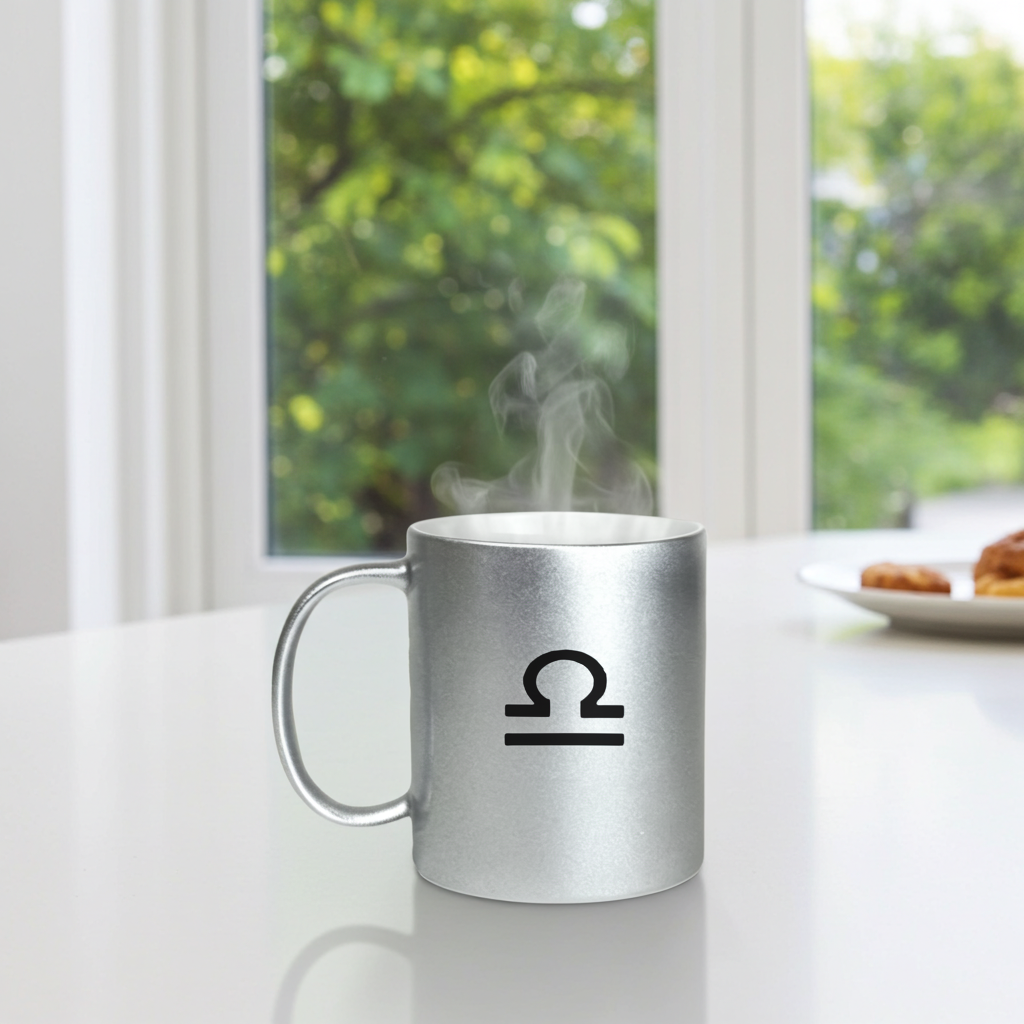 A silver ceramic mug with a black Libra zodiac symbol printed on the front, sitting on a white table with steam rising from the inside. The background shows a bright window with green foliage outside and a blurred plate of food.