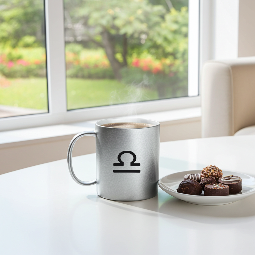 Silver mug with a libra symbol on a table with a plate of cookies, in front of a window with a garden view.