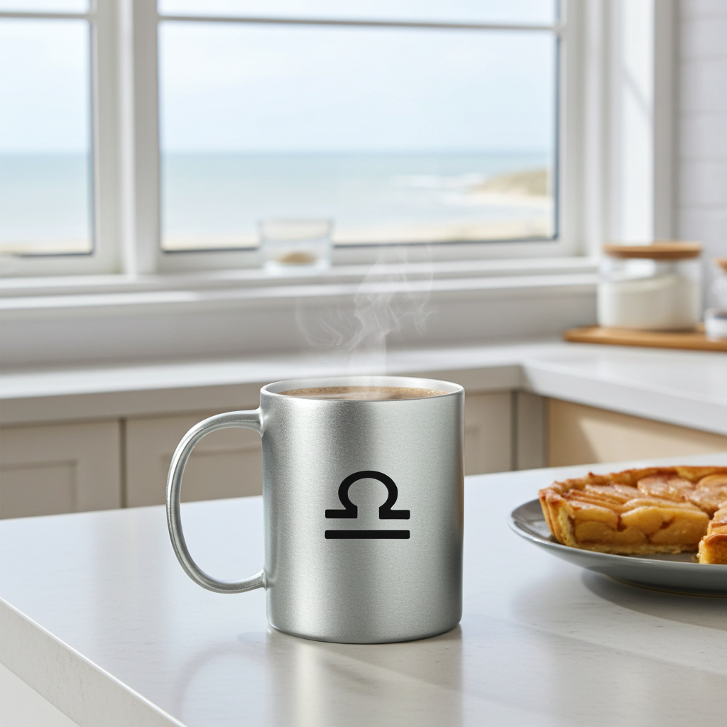 A brushed silver metal mug with a black Libra zodiac symbol printed on the front, sitting on a kitchen counter with coffee inside, a plate of pie, and a window showing the ocean in the background.