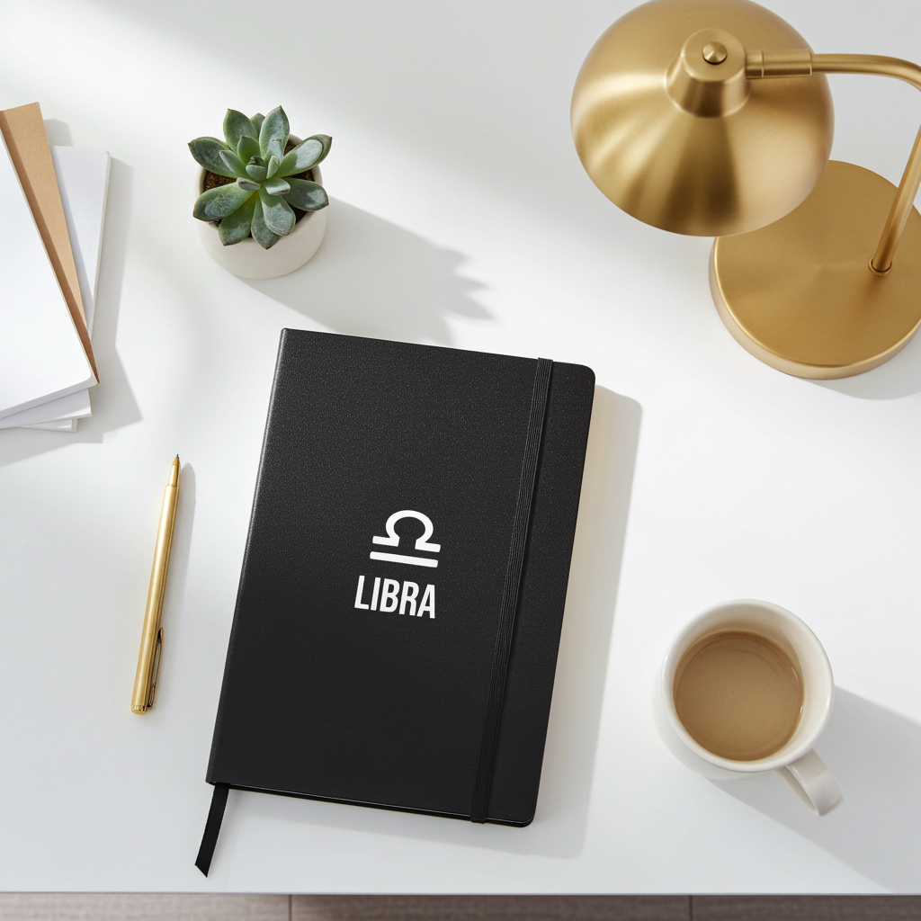 Black notebook with Libra symbol on a white desk with a lamp, pen, and coffee cup.