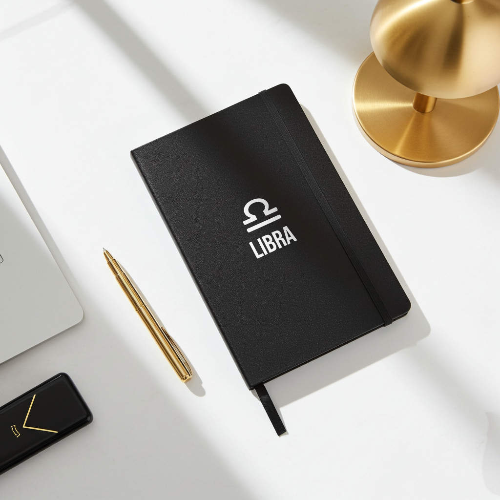 Black notebook with 'LIBRA' logo on a white surface with a gold pen and lamp.