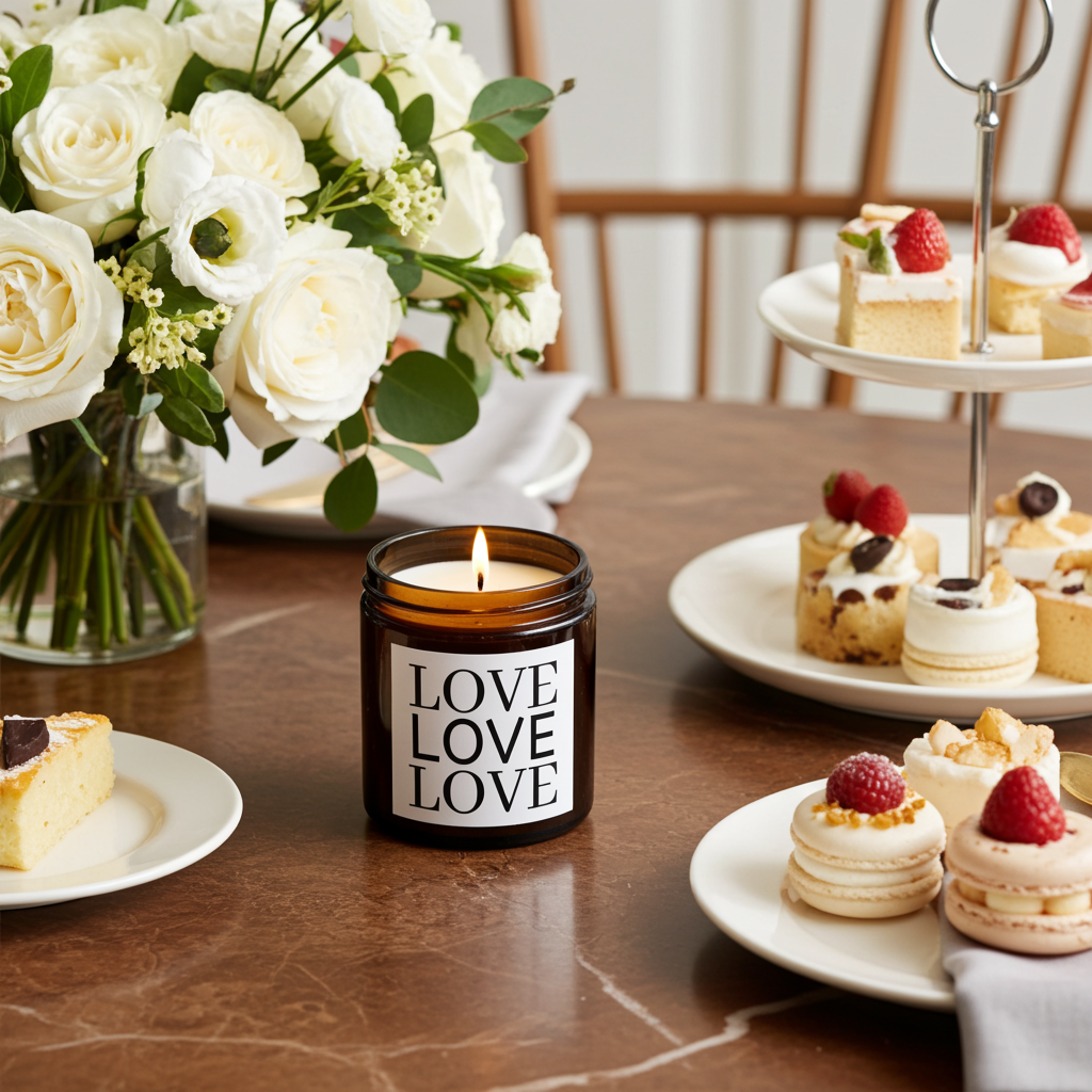 Candle with 'LOVE LOVELOVE' text on a table with flowers and desserts