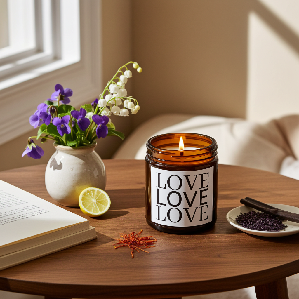 Candle labeled 'LOVE' on a table with flowers, book, and lemon