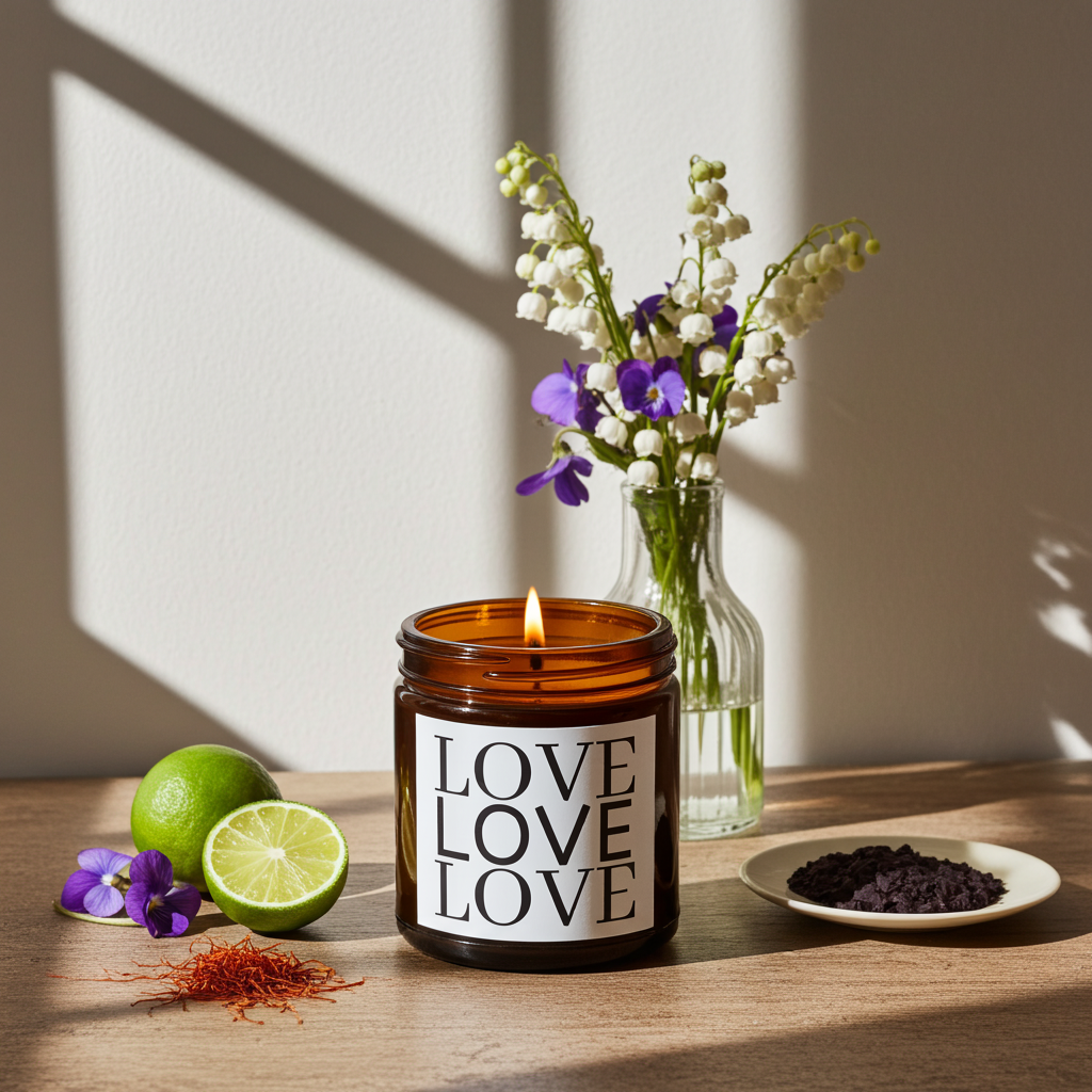 Candle labeled 'LOVE' with a vase of flowers, limes, and a dish on a wooden surface.