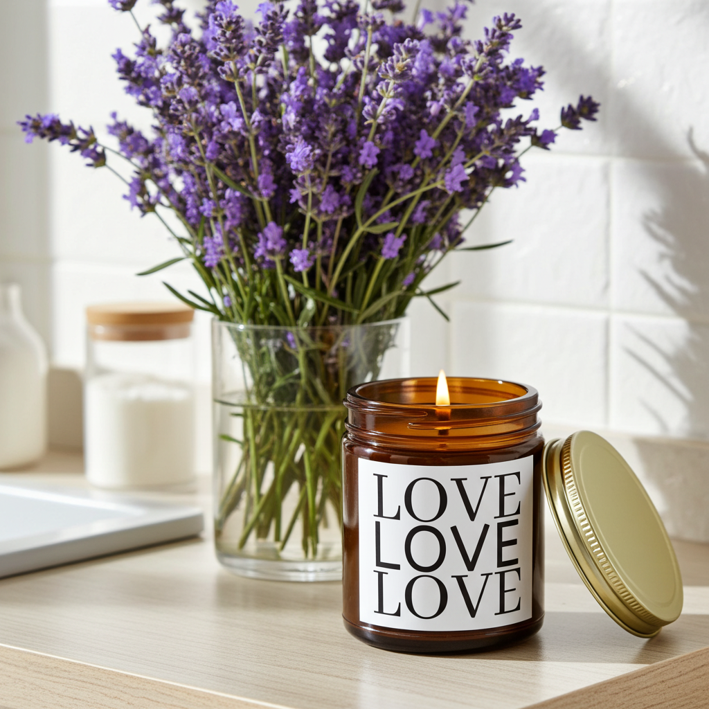 Candle labeled 'LOVE' with a vase of lavender on a wooden surface