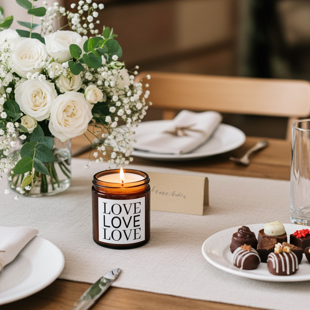Candle with 'LOVE LOVELOVE' text on a table setting with flowers and chocolates.