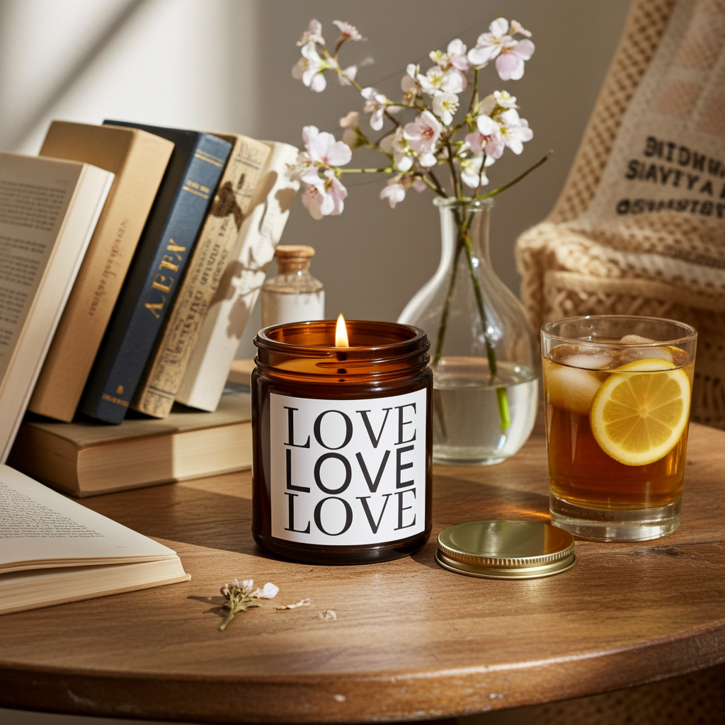 Candle labeled 'LOVE LOVELOVE' on a table with books, a vase of flowers, and a glass of iced tea.
