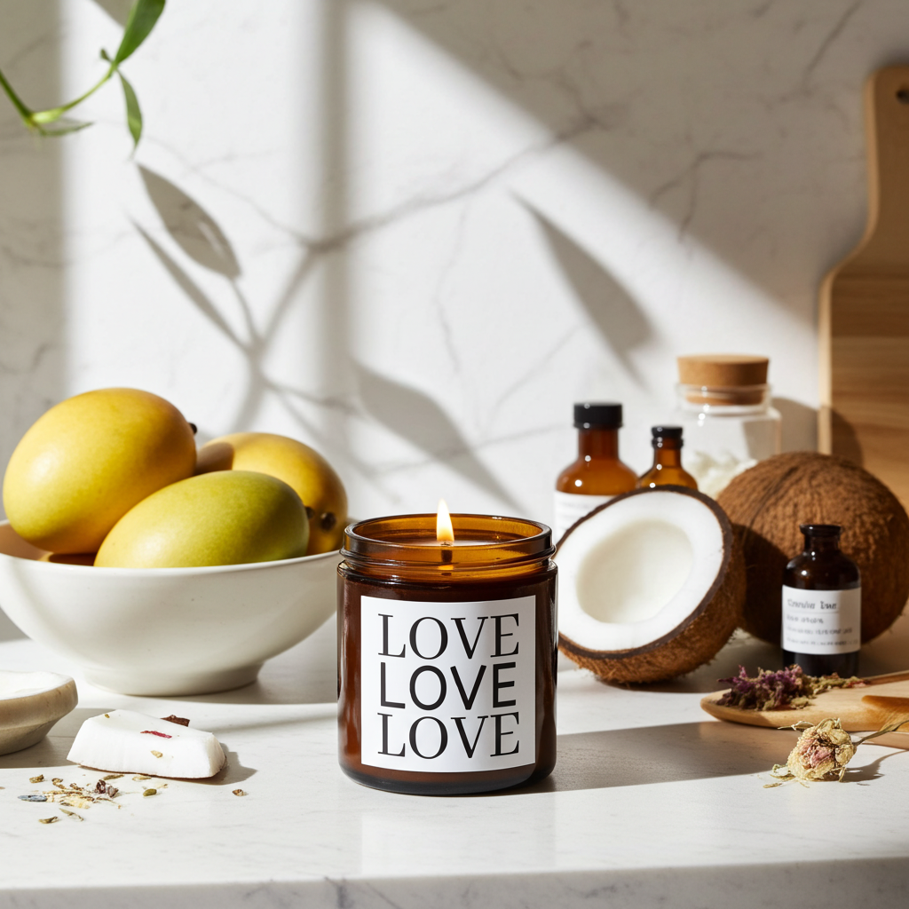 Candle labeled 'LOVE LOVELOVE' on a table with fruits and bottles in the background