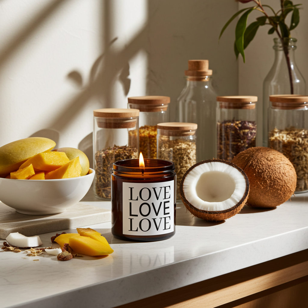Candle labeled 'LOVE LOVELOVE' on a surface with coconuts, mangoes, and jars in the background.