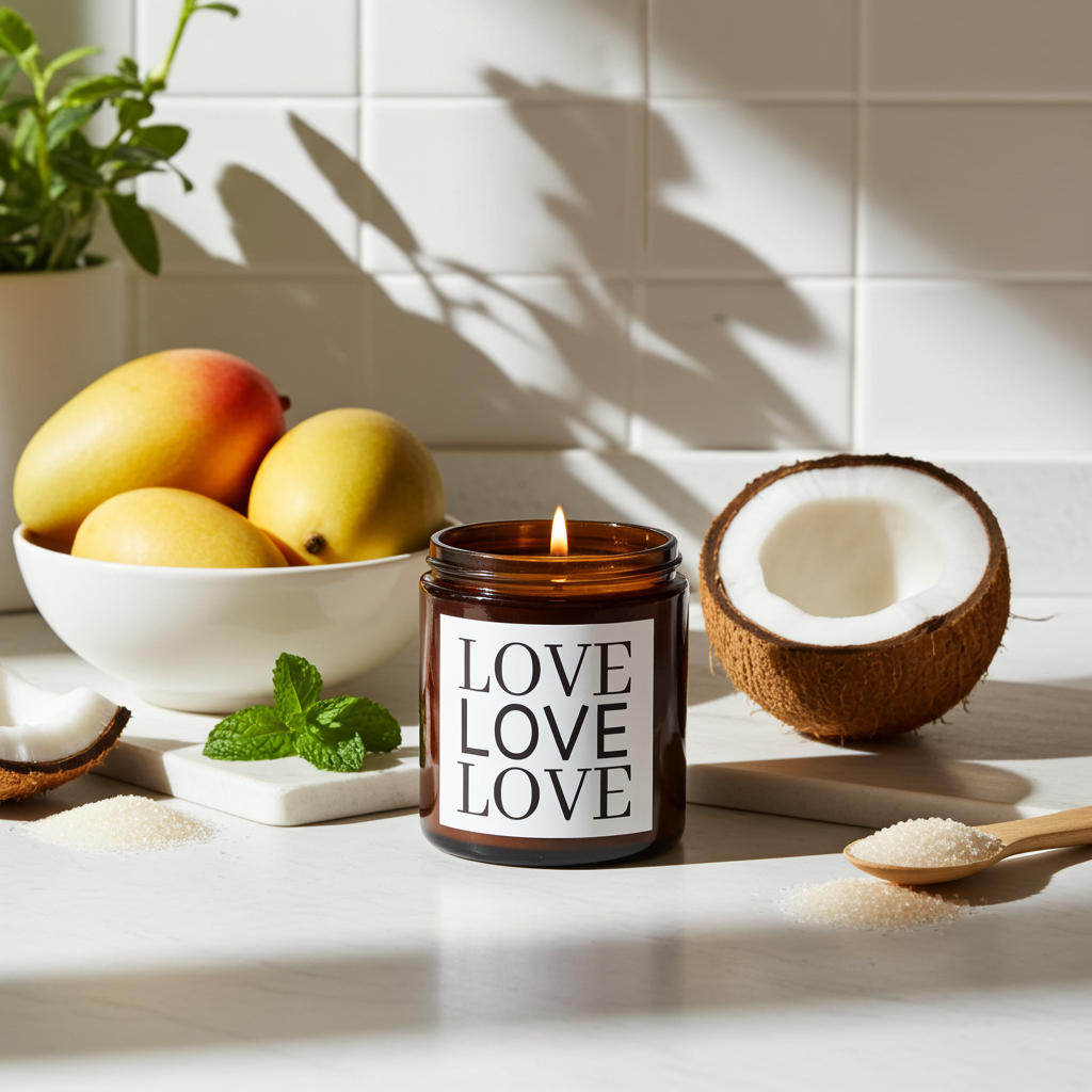 Candle labeled 'LOVE LOVELOVE' on a kitchen counter with fruits and a coconut.