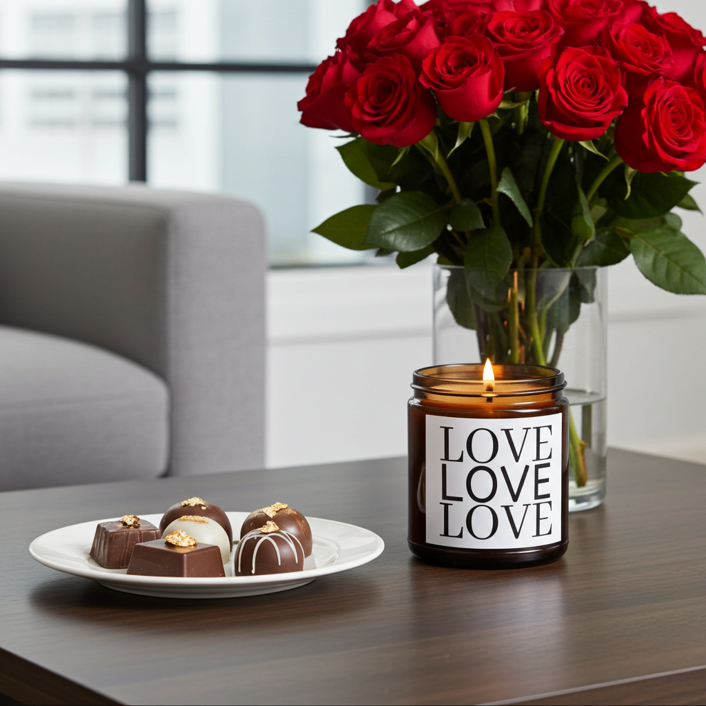 Candle with 'LOVE' text, plate of chocolates, and vase of red roses on a table.