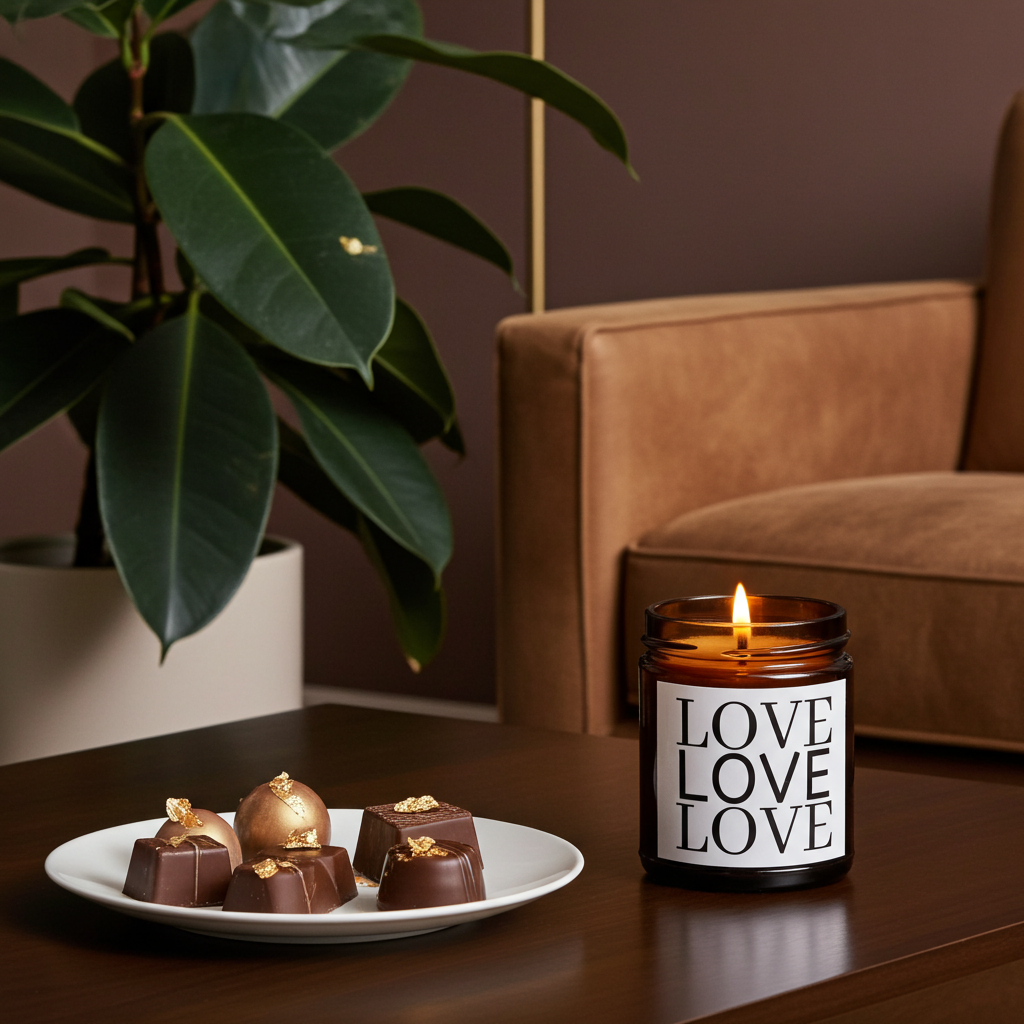 Candle labeled 'LOVE' with chocolates on a table next to a plant and brown sofa.