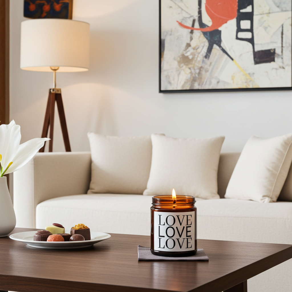 Love scented candle next to a plate of snacks, and abstract art on the wall.