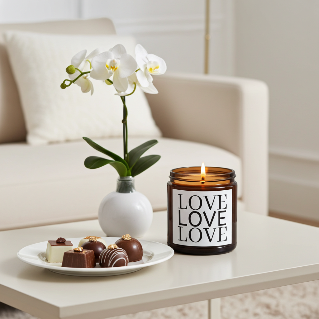 Candle with 'LOVE' text, orchid, and chocolates on a table in a living room setting.