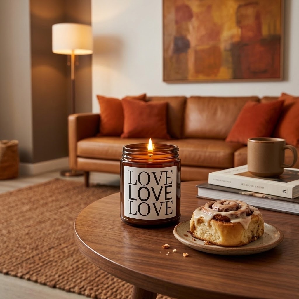 A lit amber glass jar candle with a white label reading 'LOVE LOVE LOVE LOVE' sits on a round wooden coffee table in a cozy living room setting, next to a cinnamon roll on a plate and a stack of books with a mug.