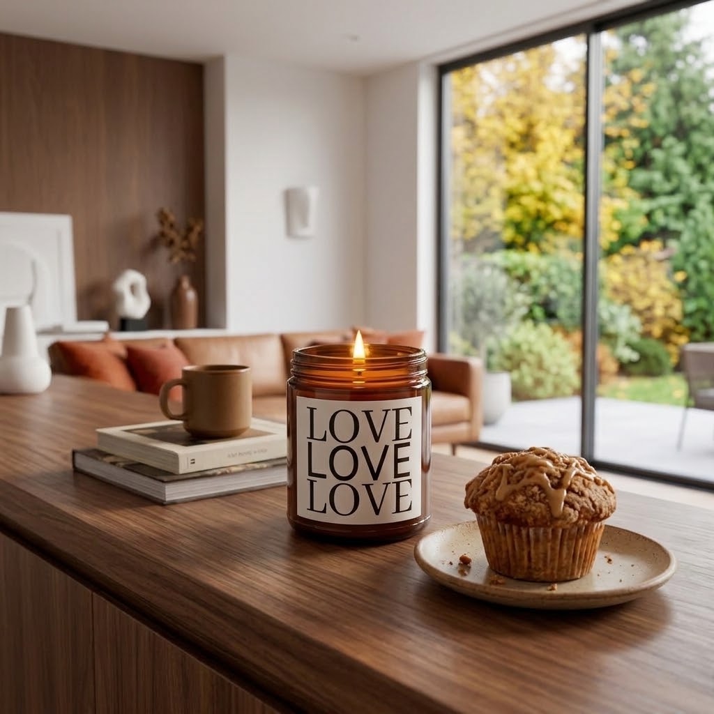 A lit amber glass jar candle with a white label reading 'LOVE LOVE LOVE LOVE' sits on a wooden kitchen counter next to a muffin on a plate and a stack of books with a mug, with a modern living room and large window in the background.
