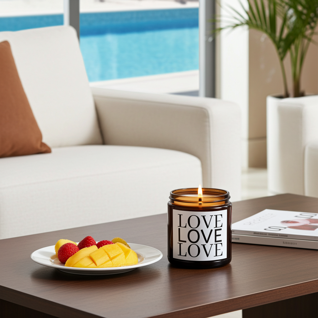 An amber glass jar candle with a white label reading 'LOVE LOVE LOVE' sits on a dark wood table in a bright living room setting. A plate of sliced mango and strawberries, a white sofa, and a potted plant are visible in the background.
