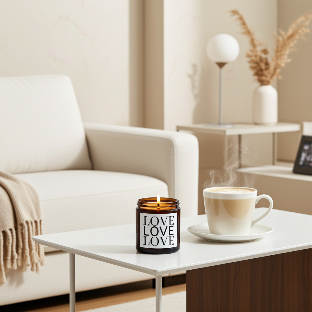 A lit amber glass candle jar with a black label reading 'LOVE LOVE LOVE' sits on a white coffee table beside a steaming cup of latte in a bright, modern living room.