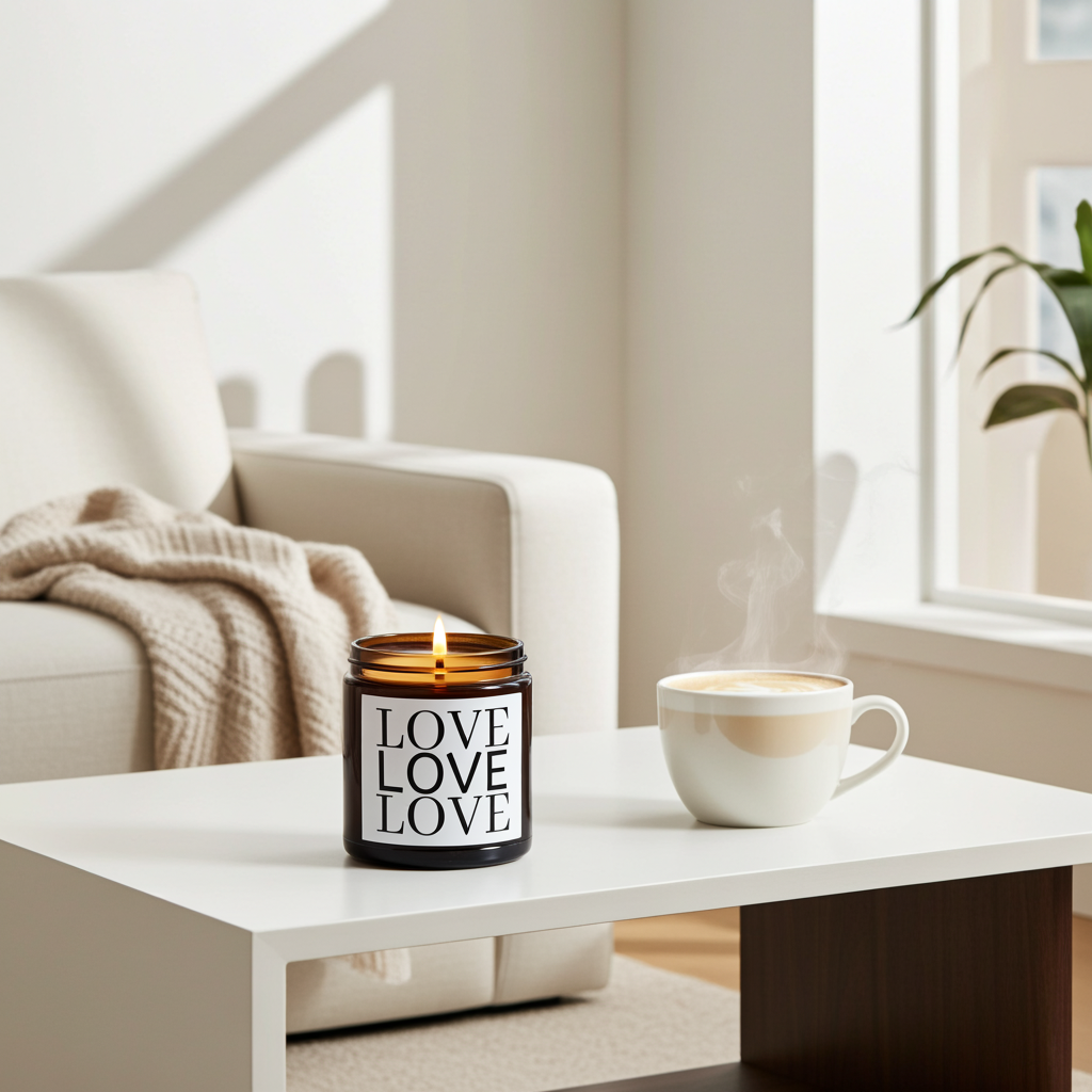 A lit amber glass candle jar with the word 'LOVE' repeated on the front, placed on a white table beside a steaming cup in a bright, modern living room.