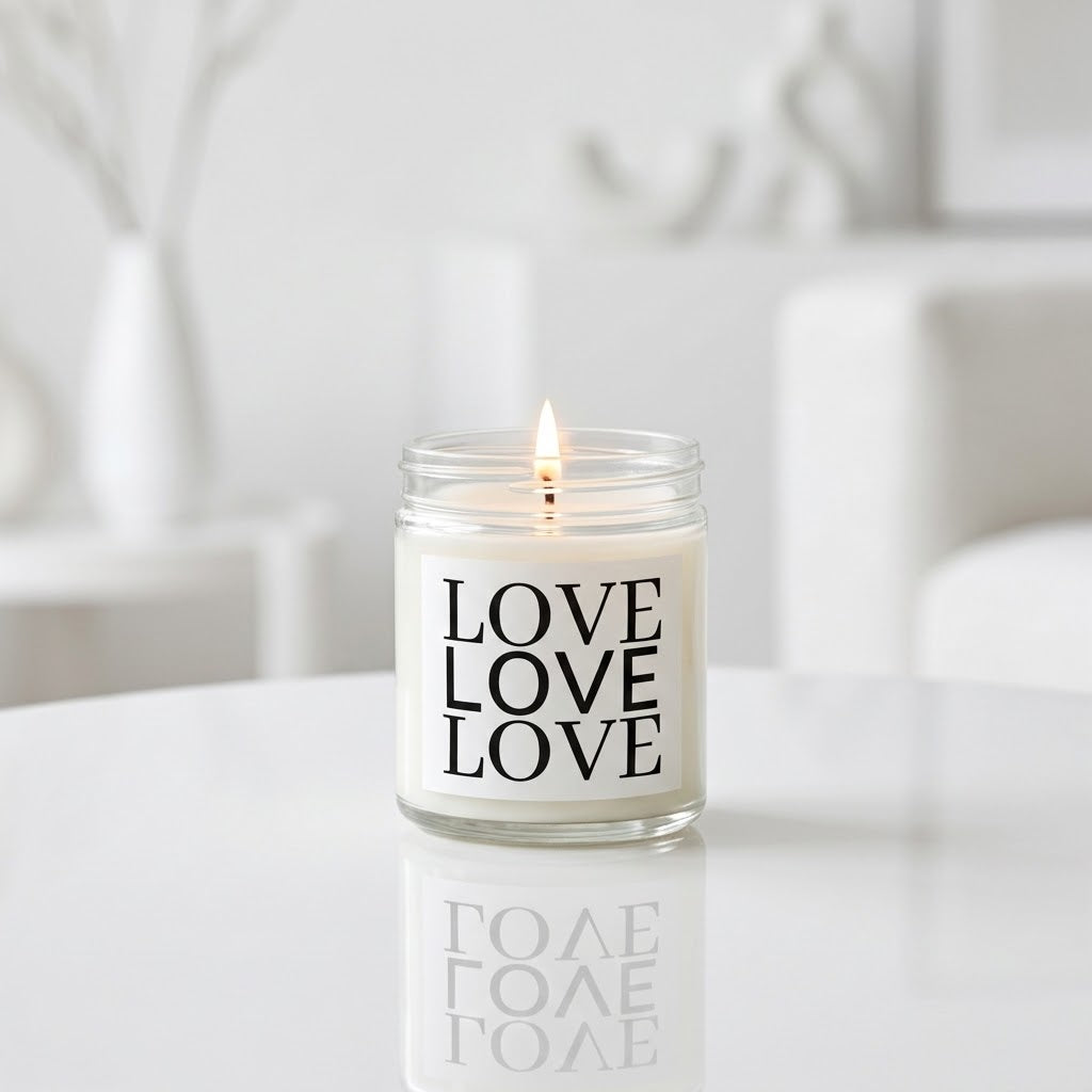 A lit white candle in a clear glass jar with the word 'LOVE' printed vertically three times in black on the front, set on a white reflective surface with a softly blurred modern interior background.