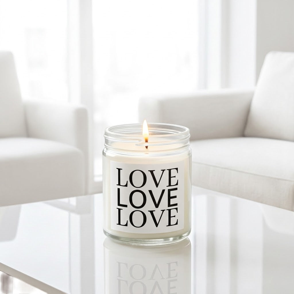 A lit white candle in a clear glass jar sits on a glossy white table between two white armchairs in a bright, modern living room. The label reads 'LOVE LOVE LOVE' in bold black text.