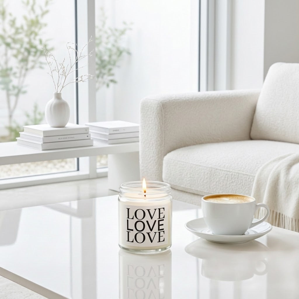 A lit white candle in a clear glass jar sits on a glossy white table in a bright, modern living room. The jar has the word 'LOVE' printed vertically four times in black.