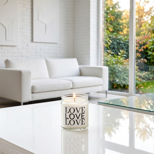 A lit white candle in a clear glass jar sits on a glossy white table in a bright modern living room. The candle label reads 'LOVE LOVE LOVE' in black text.