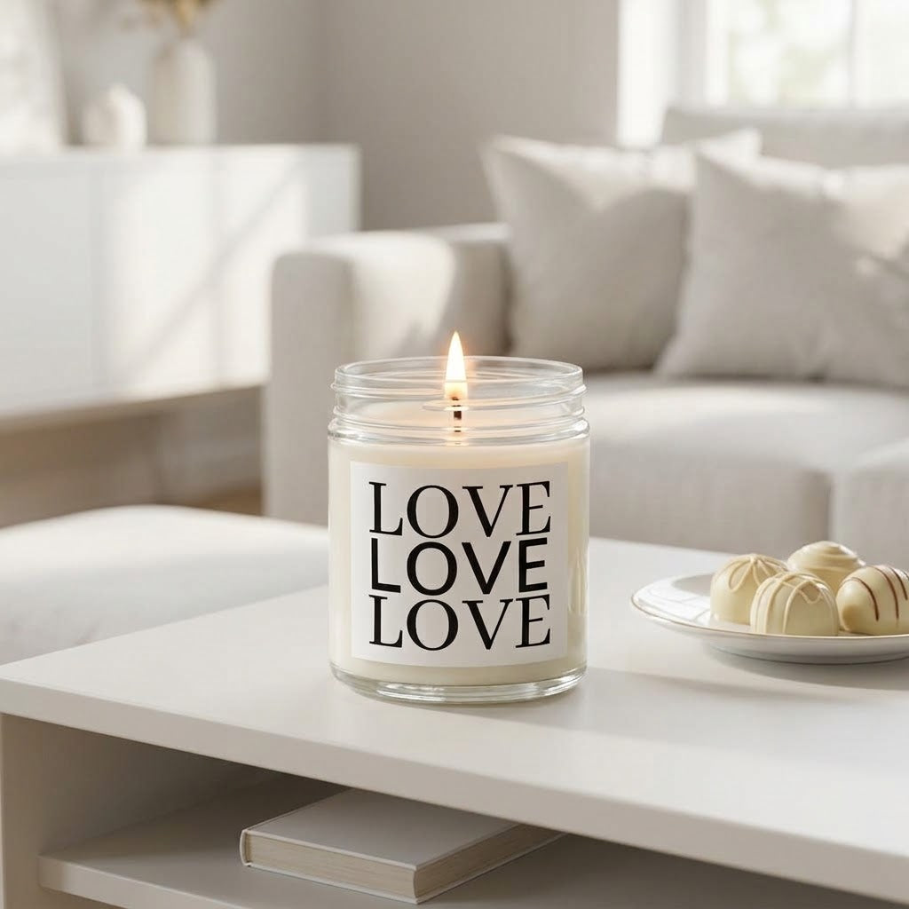 A lit white candle in a clear glass jar sits on a white table in a bright, modern living room. The jar has the word 'LOVE' printed vertically four times in bold black letters.