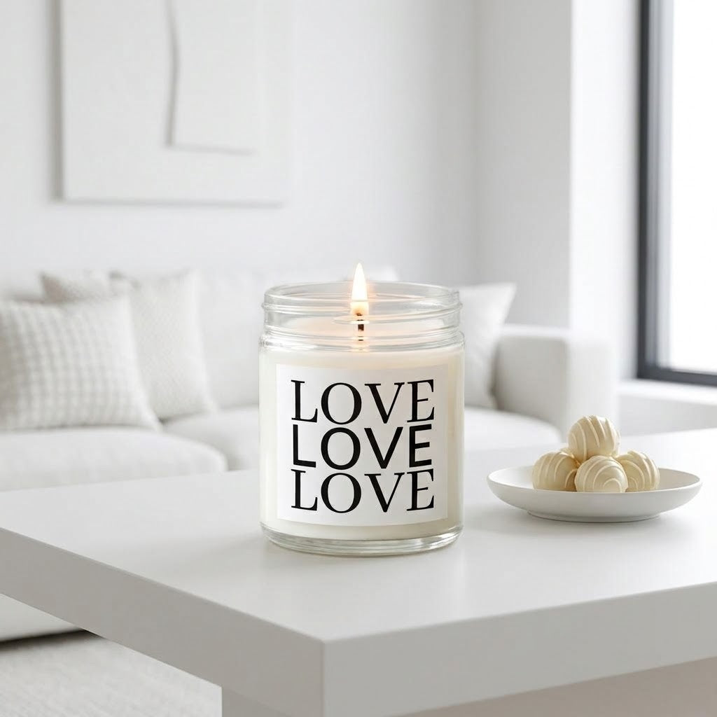 A lit white candle in a clear glass jar with the word 'LOVE' printed four times in bold black letters on the front, placed on a white table in a bright modern living room setting.