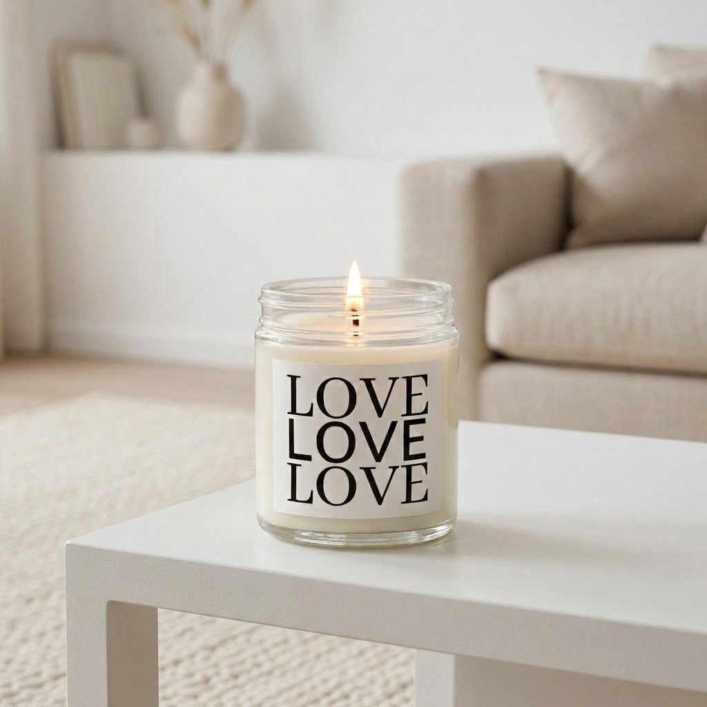 A lit candle in a clear glass jar sits on a white table in a bright, modern living room. The jar is labeled with the word 'LOVE' repeated vertically in bold black letters.