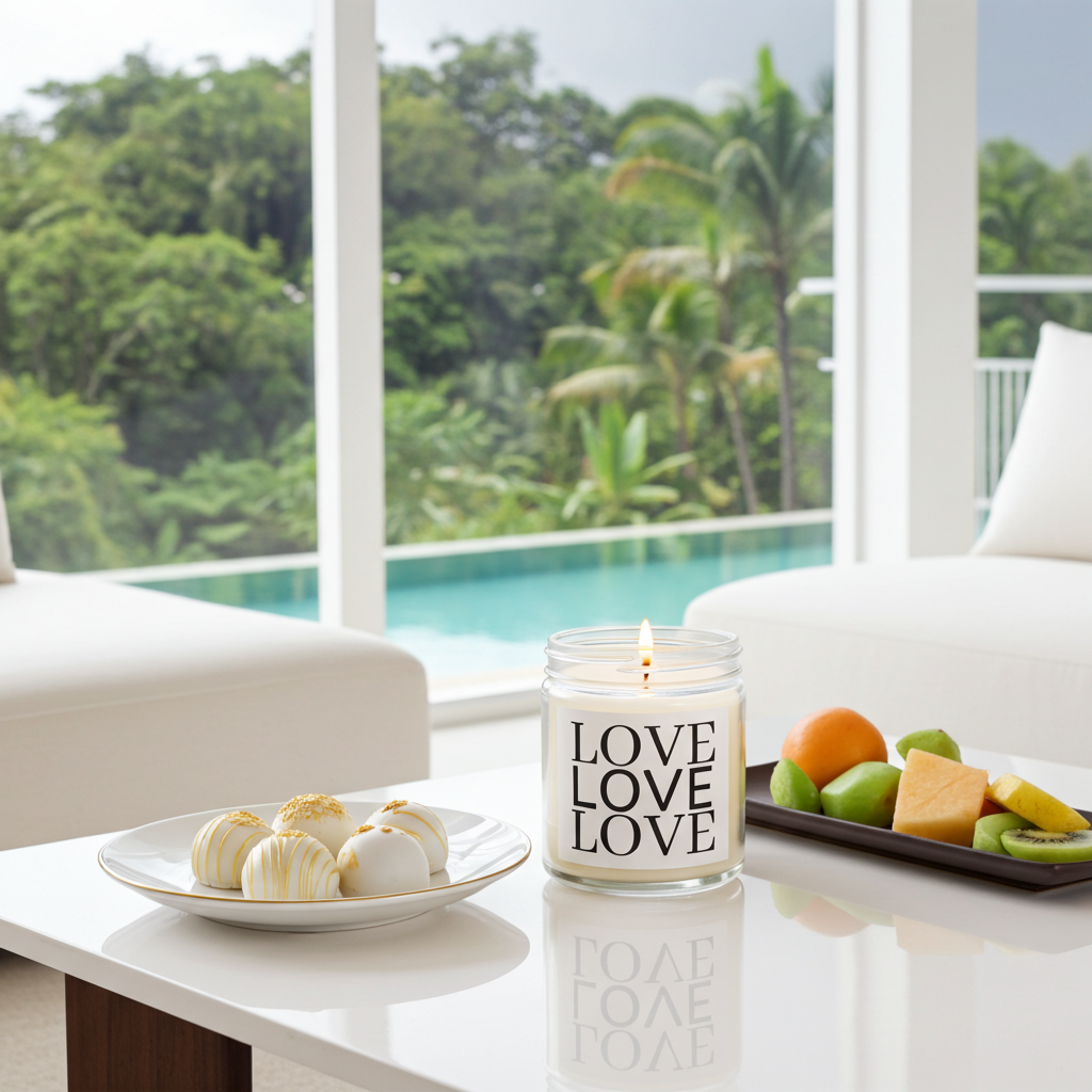 A lit glass jar candle with the word 'LOVE' repeated in bold black letters on the front, placed on a white table in a bright modern interior. A plate of pastries, a tray of fruit, and a large window view of a pool and tropical greenery are visible in the background.