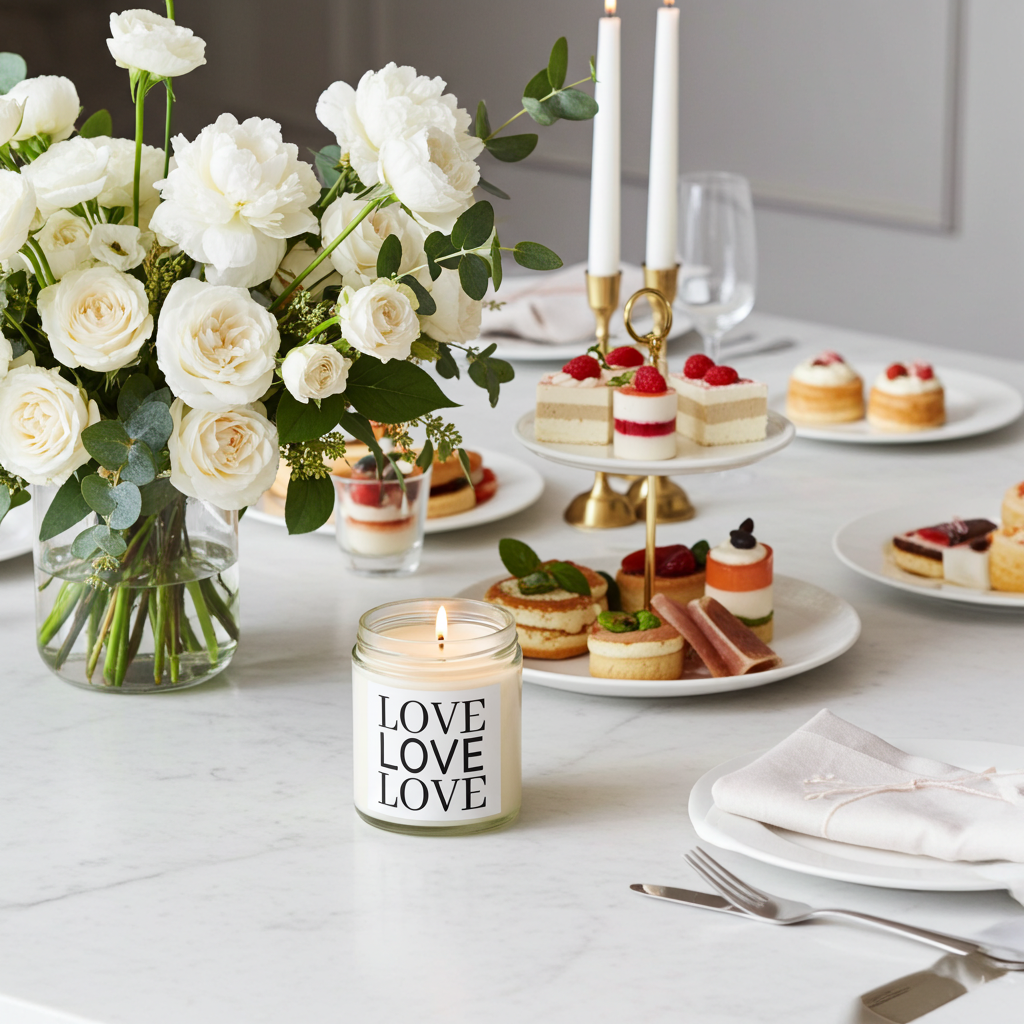 Table setting with white roses, candles, and small desserts on a white tablecloth.