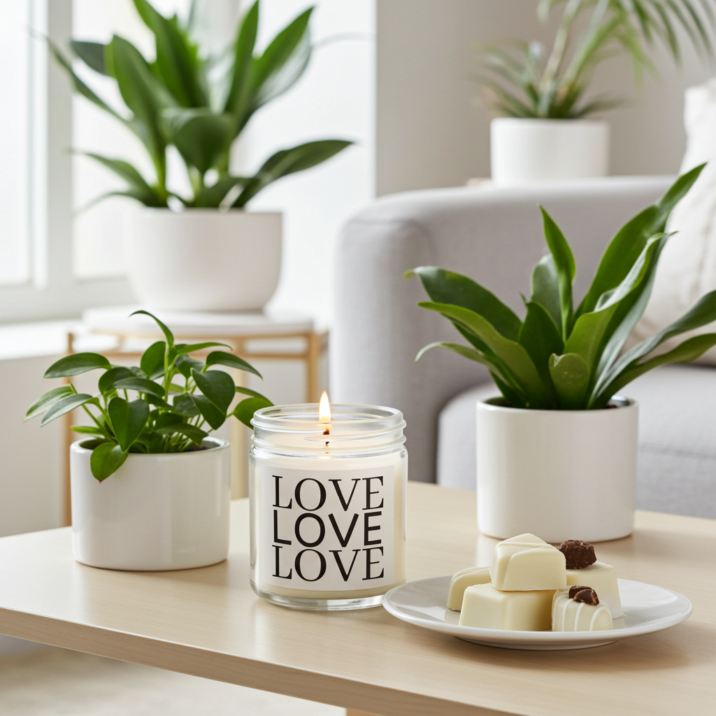 Candle with 'LOVE' text on a table with plants and a plate of cookies.