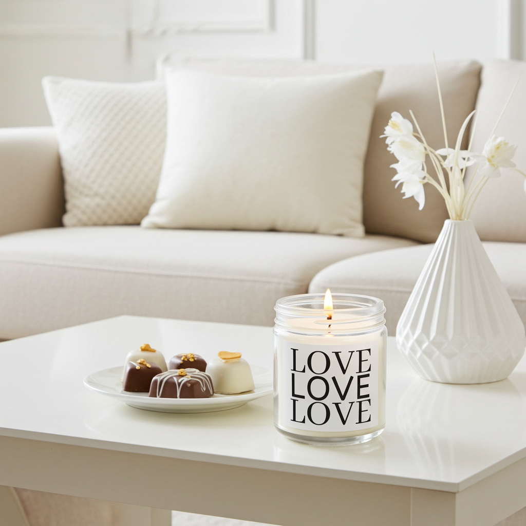 Candle with 'LOVE' text on a coffee table in a living room setting