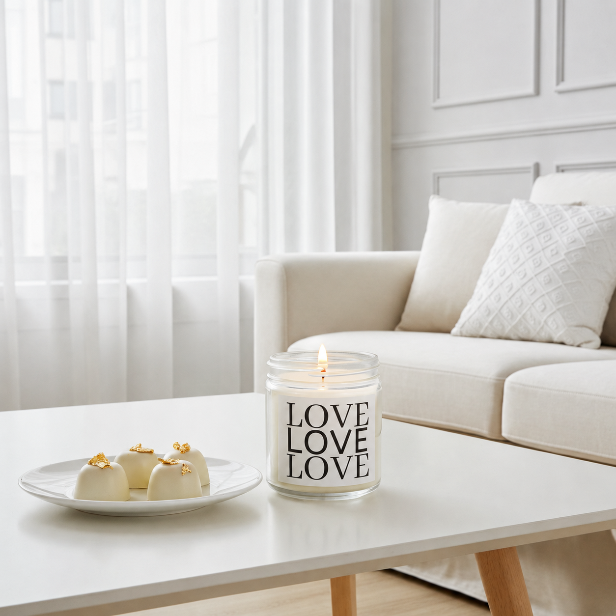 Candle with 'LOVE' text on a coffee table in a living room setting