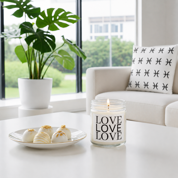 Candle with 'LOVE' text on a table in a bright living room with a couch and plant.